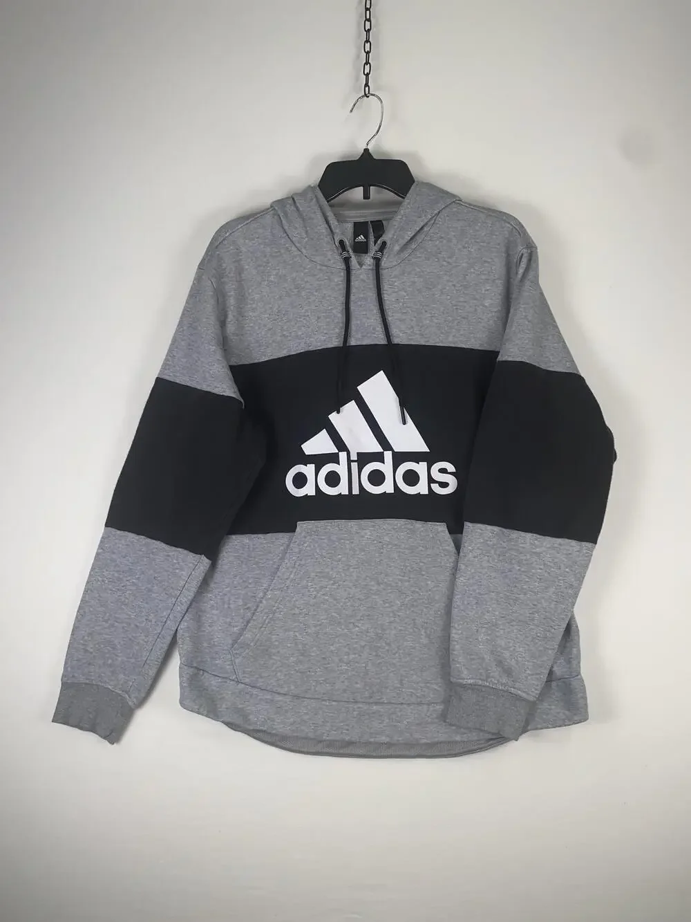 Adidas Hoodie Mens Large Gray Black Colorblock Logo Fleece Pullover Sweatshirt